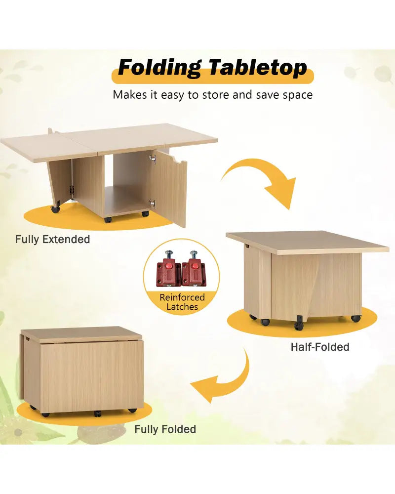 Foldable Coffee Table with Storage Cabinet Extendable Center Table-Oak - Oak - Coffee Tables
