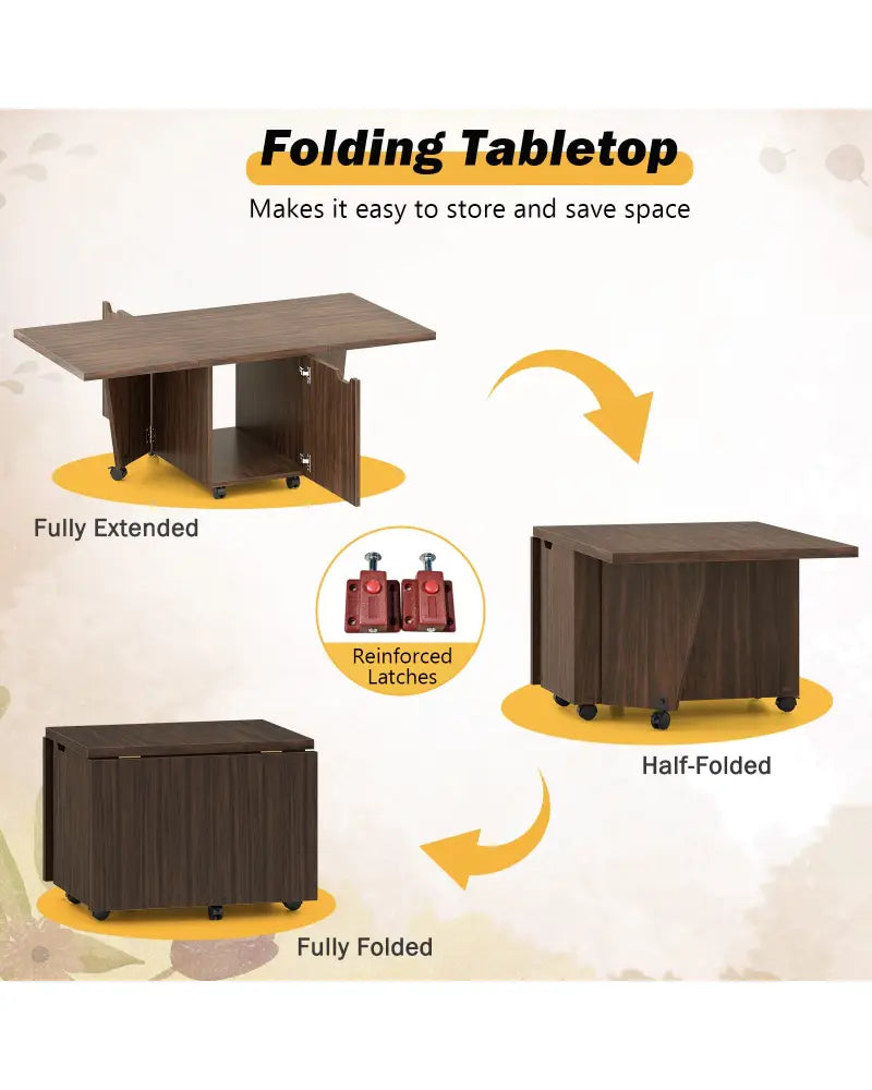 Foldable Coffee Table with Storage Cabinet Extendable Center Table-Walnut - Walnut - Coffee Tables