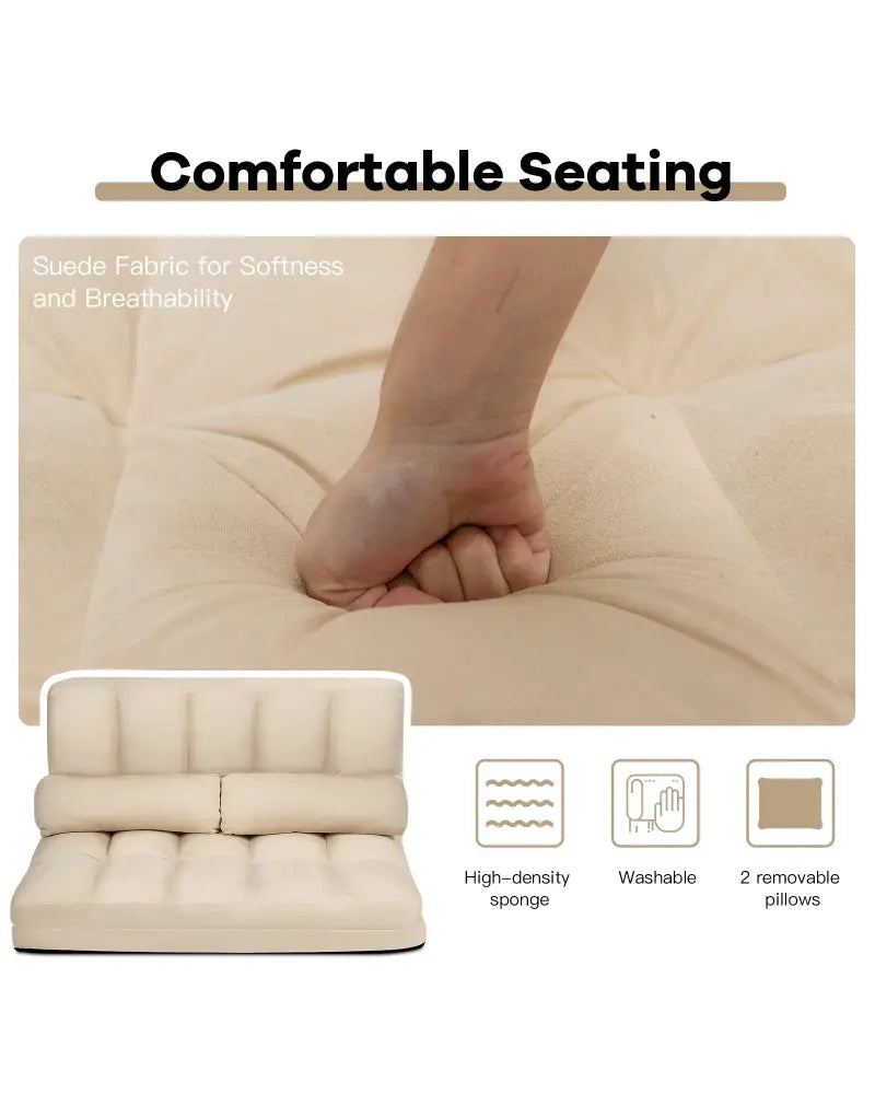 Foldable Floor 6-Position Adjustable Lounge Couch-Beige - Beige - Floor Chairs