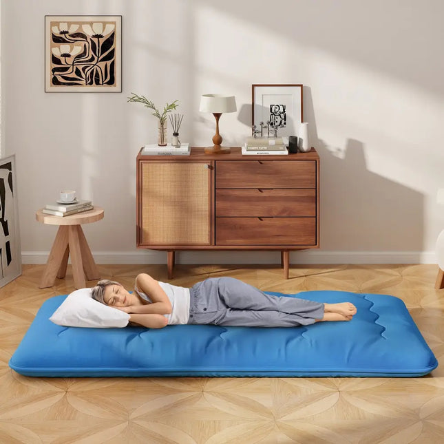 Foldable Futon Mattress with Washable Cover and Carry Bag for Camping Blue-Twin Size - Blue - Mattresses