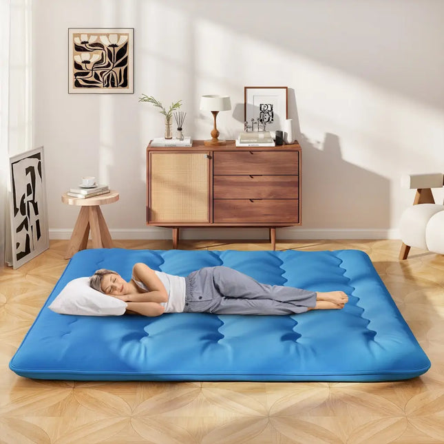 Foldable Futon Mattress with Washable Cover and Carry Bag for Camping Blue-King Size - Blue - Mattresses