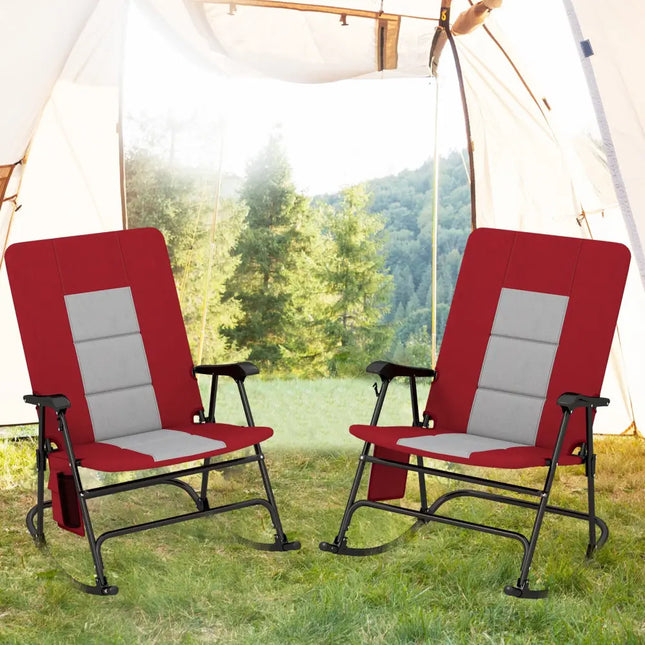 Foldable Rocking Padded Portable Camping Chair with Backrest and Armrest-Red - Red - Patio Rocking Chairs & Gliders