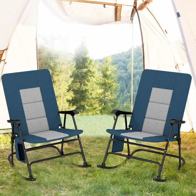 Foldable Rocking Padded Portable Camping Chair with Backrest and Armrest-Blue - Blue - Patio Rocking Chairs & Gliders