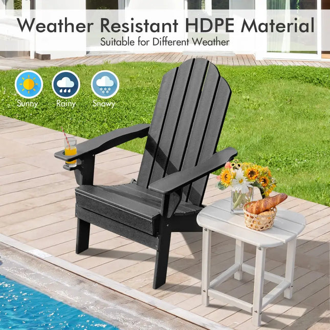 Foldable Weather Resistant Patio Chair with Built-in Cup Holder-Black - Black - Adirondack Chairs