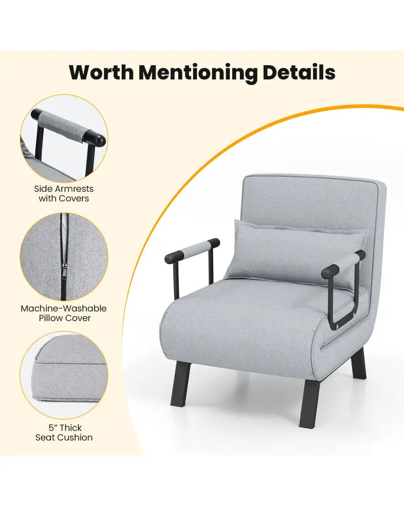 Folding 6 Position Convertible Sleeper Bed Armchair Lounge with Pillow-Light Gray - Light Gray - Accent Chairs