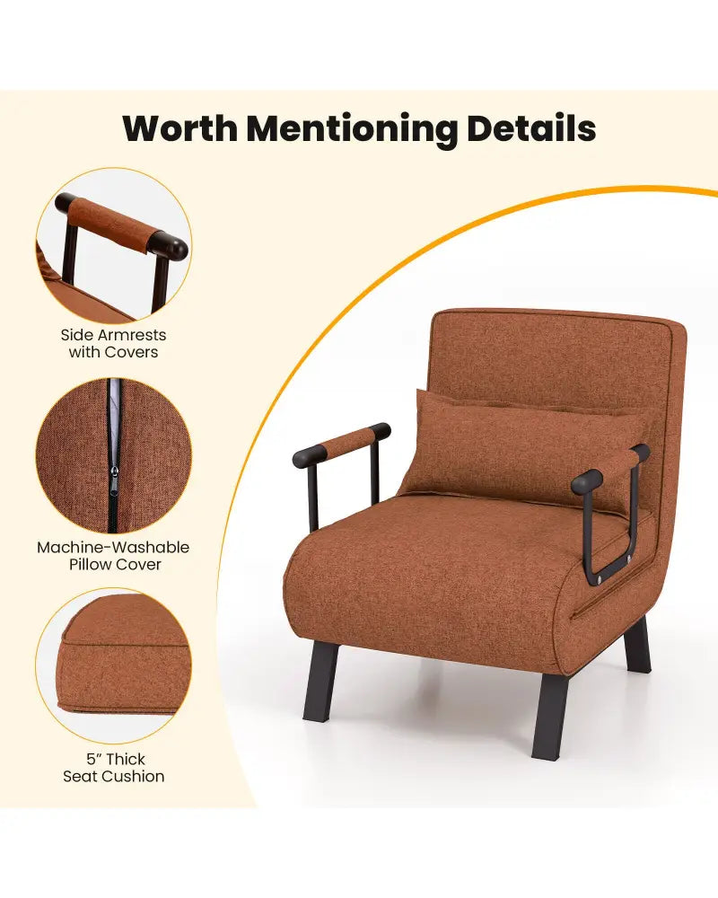 Folding 6 Position Convertible Sleeper Bed Armchair Lounge Couch with Pillow-Coffee - Coffee - Accent Chairs