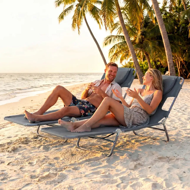 Folding Beach Lounge Chair with Adjustable Backrest for Lawn-Gray - Gray - Beach & Lawn Chairs