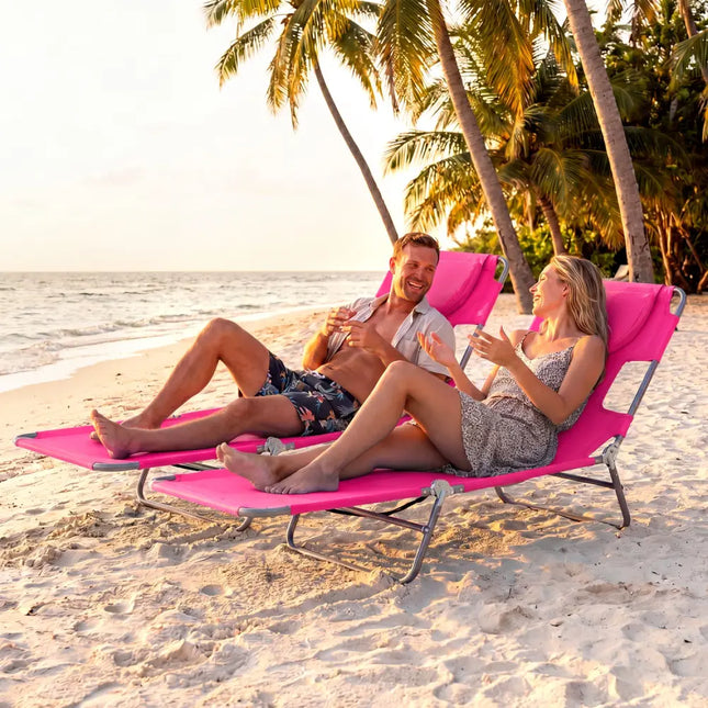 Folding Beach Lounge Chair with Adjustable Backrest for Lawn-Pink - Pink - Beach & Lawn Chairs