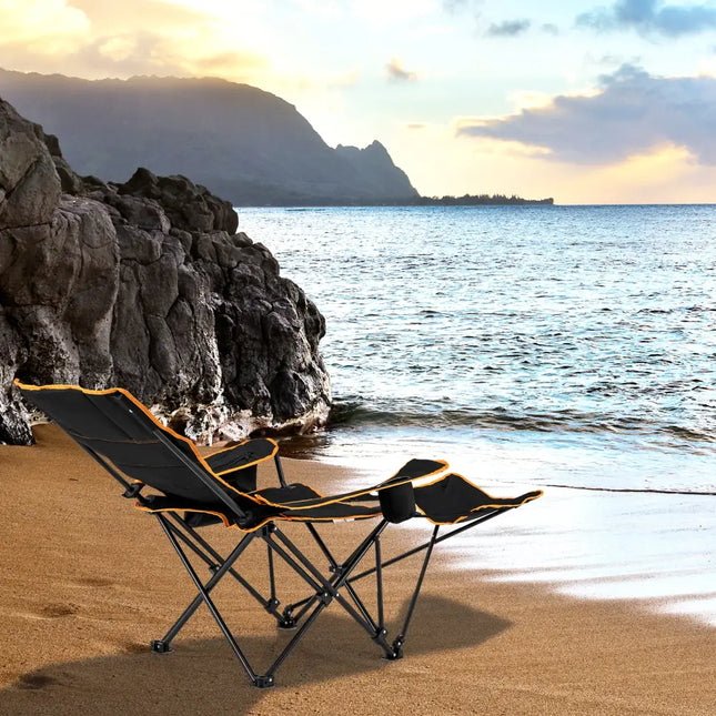 Folding Camping Chair with Footrest Camping Lounge Chair with Carry Bag-Black - Black - Camping Furniture