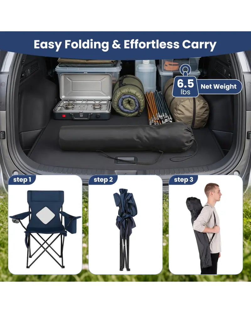 Folding Camping Chair with Mesh Fabric Backrest Solid Metal Frame and Carrying Bag-Blue - Blue - Camping Furniture