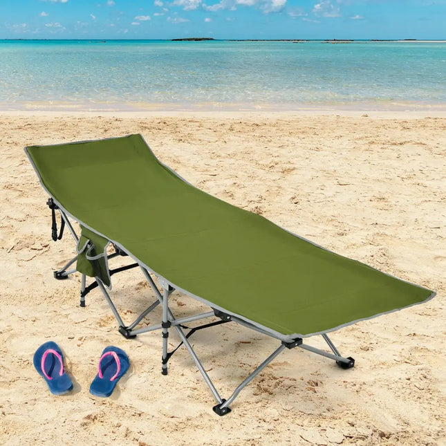 Folding Camping Cot with Side Storage Pocket Detachable Headrest-Green - Green - Camping Furniture