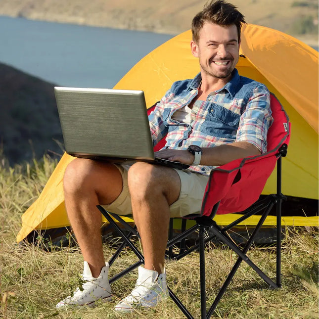 Folding Camping Moon Padded Chair with Carrying Bag-Red - Red - Camping Furniture