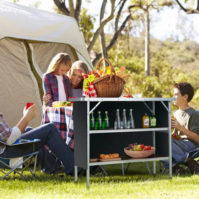 Folding Camping Table with 2-Tier Open Shelves for Outdoor BBQ-Coffee - Coffee - Camping Furniture