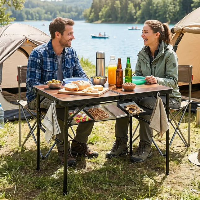 Folding Camping Table with Adjustable Heights Storage Net & Handle-Black & Brown - Picnic Tables