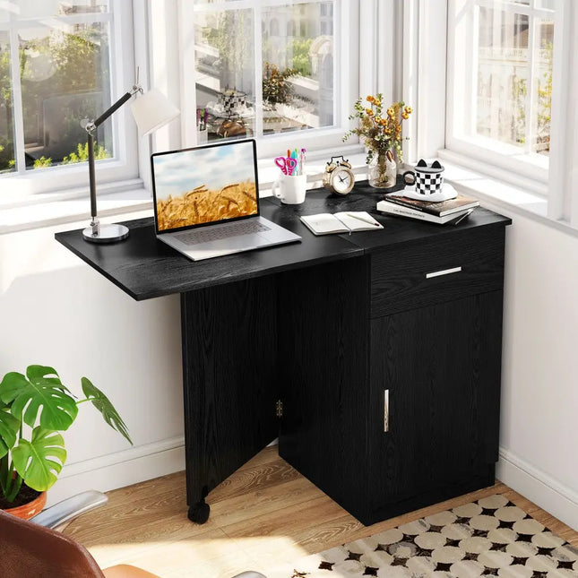 Folding Computer Desk with Drawer Mobile Home Office Desk with Cabinet-Black - Black - Computer Desks