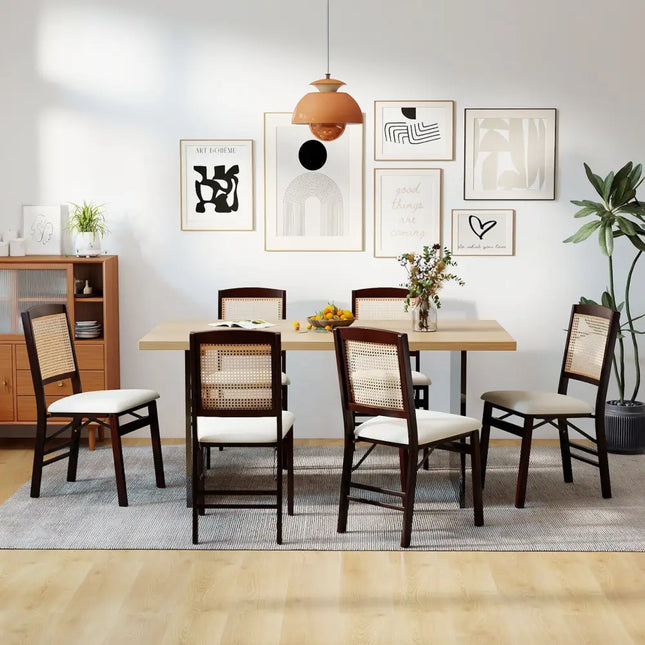 Folding Dining Chairs Set of 4 Rubber Wood Chairs with Linen Padded Seat-Coffee - Coffee - Dining Chairs