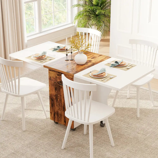 Folding Dining Table 3-in-1 Space-Saving Drop Leaf Kitchen Table with Lockable Wheels-Brown - White - Dining Tables