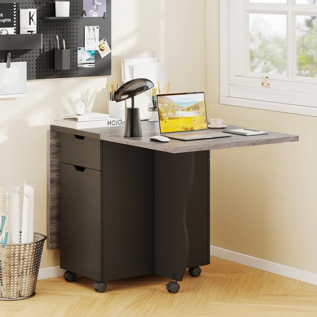 Folding Dining Table 3-in-1 Space-Saving Drop Leaf Kitchen Table with Lockable Wheels-Black - Black - Dining Tables