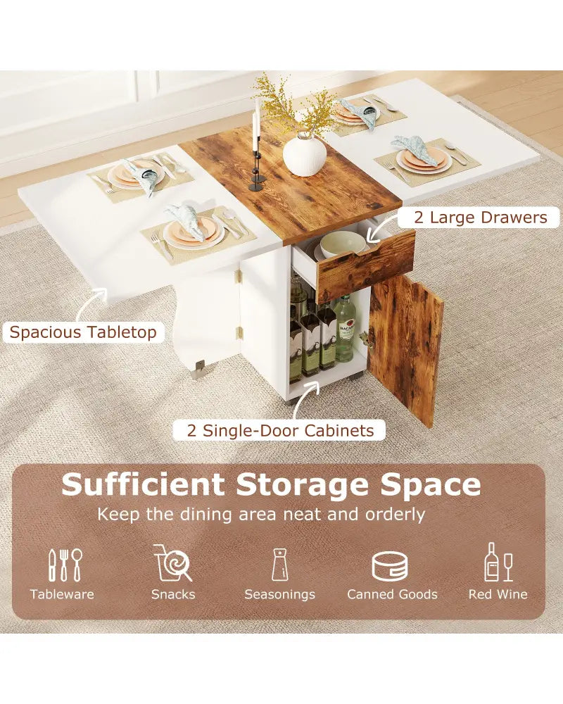 Folding Dining Table 3-in-1 Space-Saving Drop Leaf Kitchen Table with Lockable Wheels-Brown - White - Dining Tables