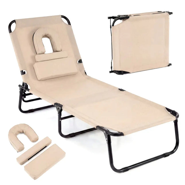Folding Face Down Tanning Chair with Face Hole 3 Removable Pillows-Beige - Beige - Beach & Lawn Chairs