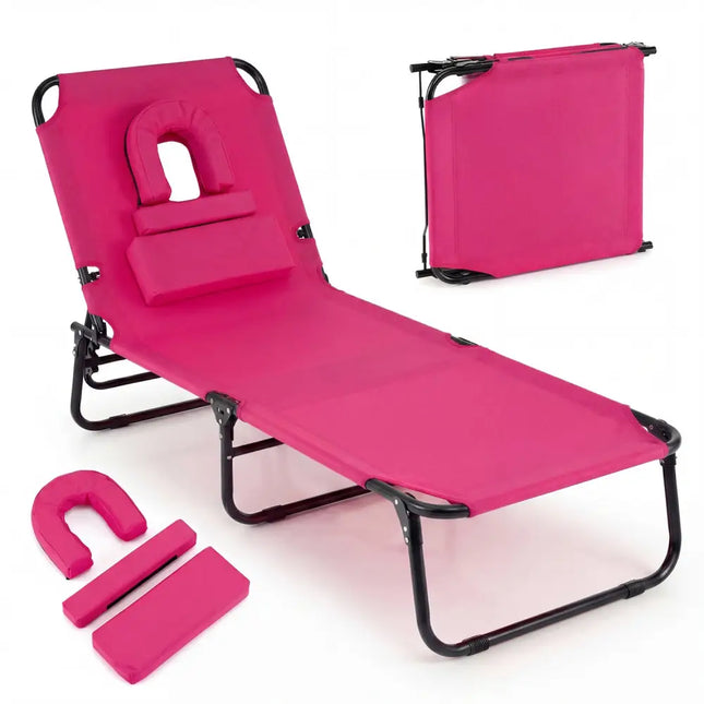 Folding Face Down Tanning Chair with Face Hole 3 Removable Pillows-Pink - Pink - Beach & Lawn Chairs