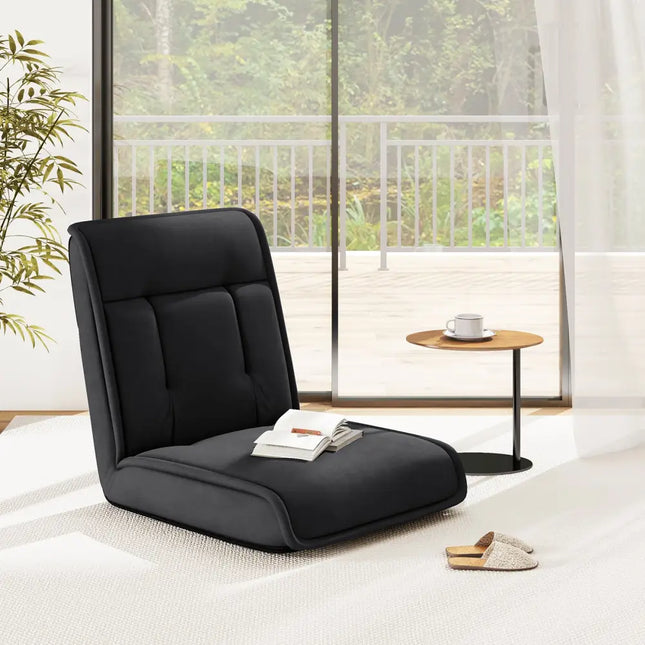 Folding Floor Chair Convertible Lazy Chair with 14-Poistion Adjustable Backrest-Black - Black - Floor Chairs