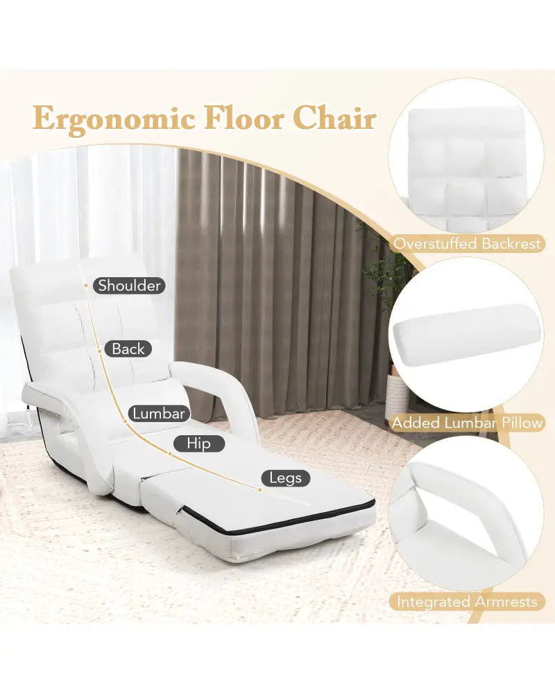 Folding Lazy Floor Chair Sofa with 6 Adjustable Position-White - White - Floor Chairs