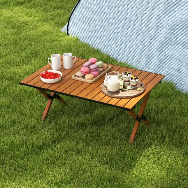 Folding Lightweight Aluminum Camping Table with Wood Grain-M - Natural - Camping Furniture
