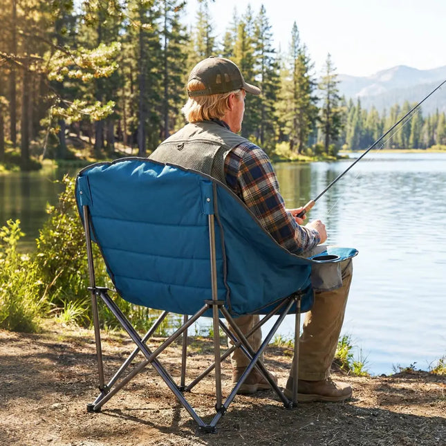 Folding Oversized Camping Chair with Side Pockets and Cup Holder-Blue - Blue - Camping Furniture