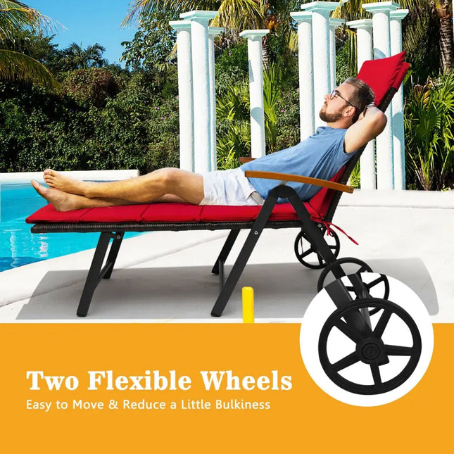 Folding Patio Rattan Lounge Chair with Wheels-Red - Red - Outdoor Chaise Lounges