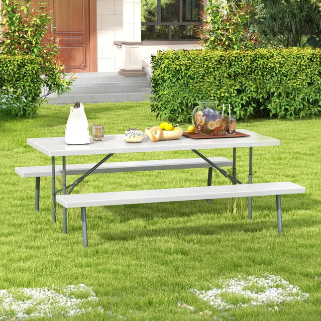 Folding Picnic Table Set with Metal Frame and All-Weather HDPE Tabletop Umbrella Hole-Gray - Gray - Picnic Tables