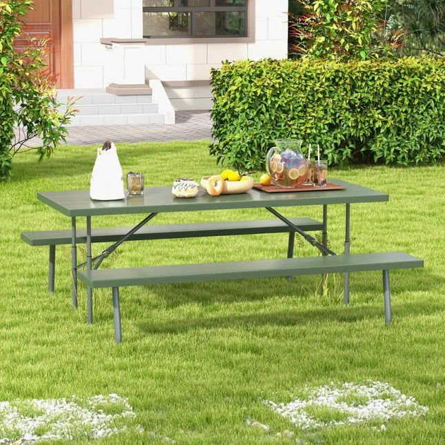 Folding Picnic Table Set with Metal Frame and All-Weather HDPE Tabletop Umbrella Hole-Green - Green - Picnic Tables