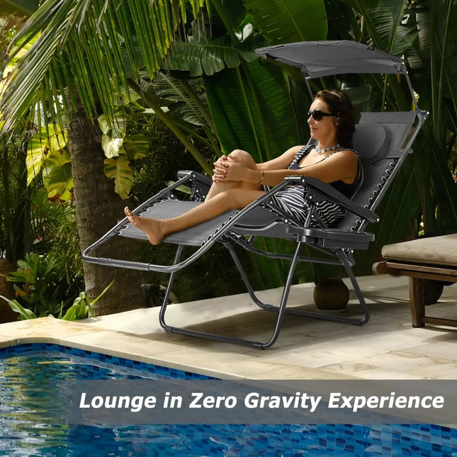 Folding Recliner Lounge Chair w/ Shade Canopy Cup Holder-Black - Black - Outdoor Chaise Lounges