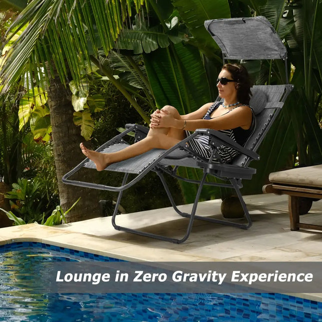 Folding Recliner Lounge Chair w/ Shade Canopy Cup Holder-Gray - Gray - Outdoor Chaise Lounges