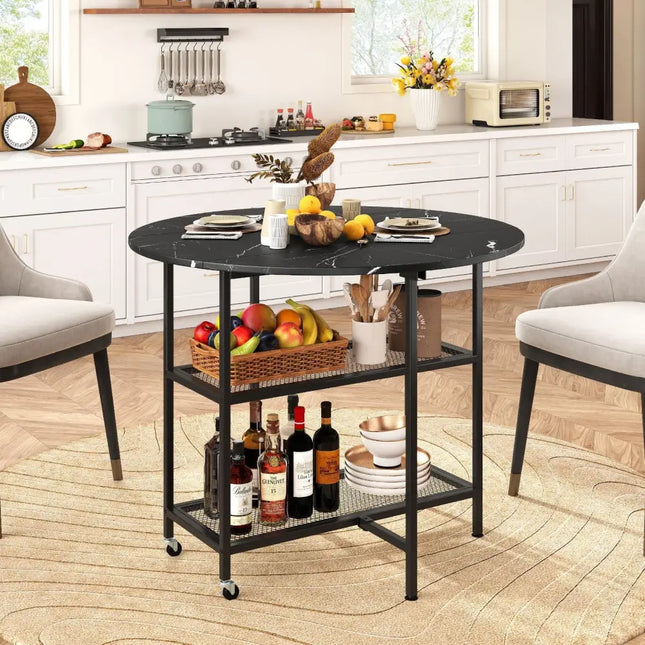 Folding Round Dining Table with Lockable Wheels-Black - Black - Dining Tables