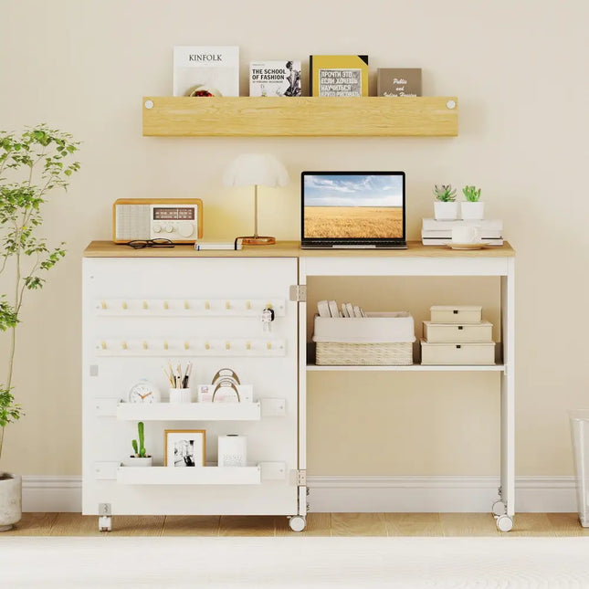Folding Sewing Table with Storage Shelf and 5 Lockable Wheel-Natural and White - Natural & White - Sewing Tables