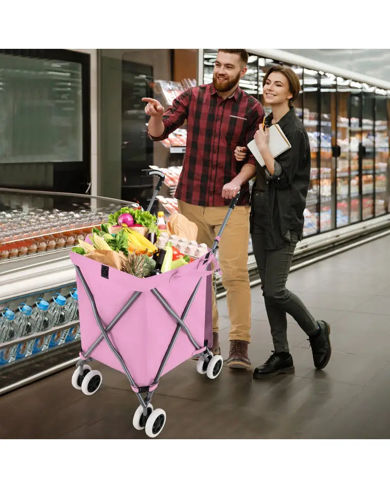Folding Shopping Utility Cart with Water-Resistant Removable Canvas Bag-Pink - Pink - Kitchen