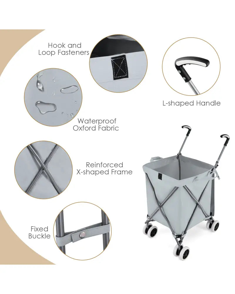 Folding Shopping Utility Cart with Water-Resistant Removable Canvas Bag-Grey - Gray - Kitchen