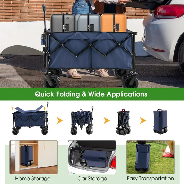 Folding Utility Garden Cart with Wide Wheels and Adjustable Handle-Blue - Blue - Garden Carts