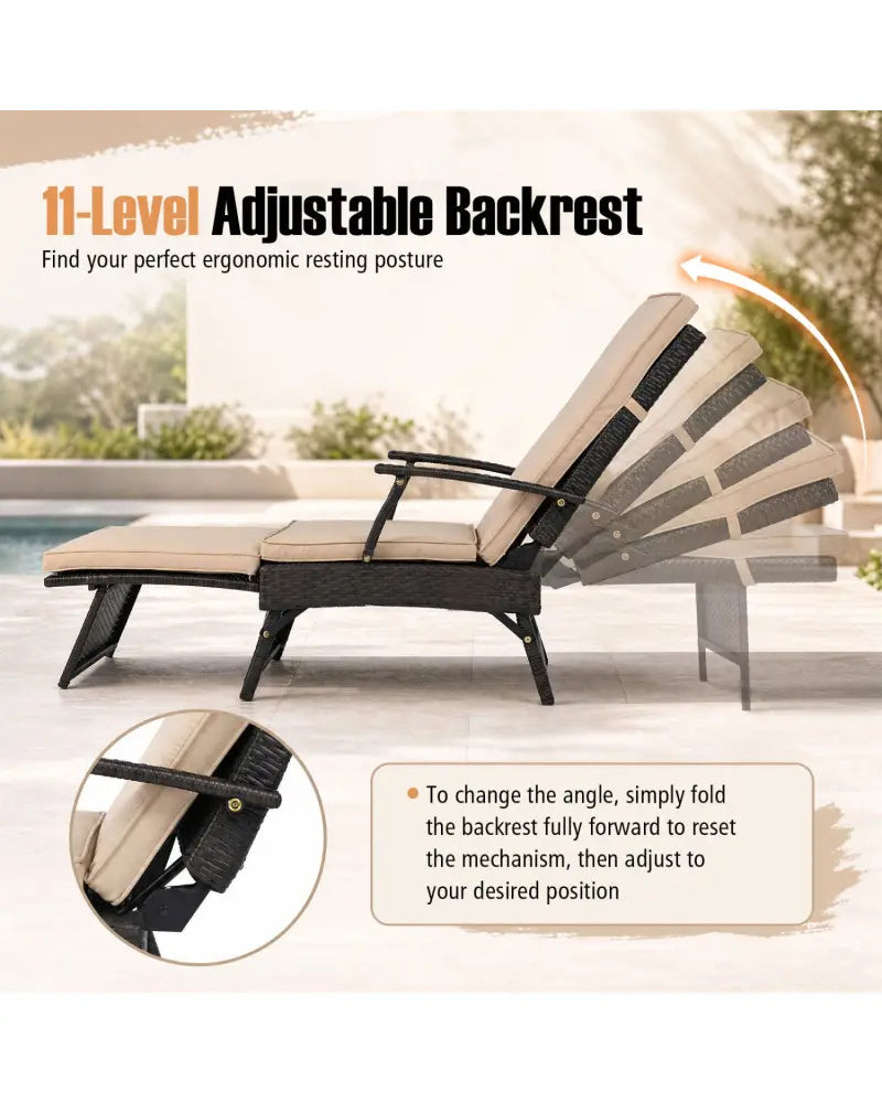 Folding Wicker Chaise Lounge with Slide-Out Ottoman11-Level Adjustable Backrest to Flat and Sun-Proof PE Rattan-Brown