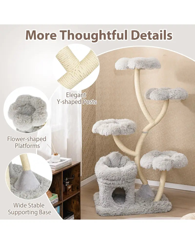 Freestanding Cat Tower with four Flower-shaped Platforms and Sisal Scratching Posts-Gray - Gray - Cat Trees Condos &