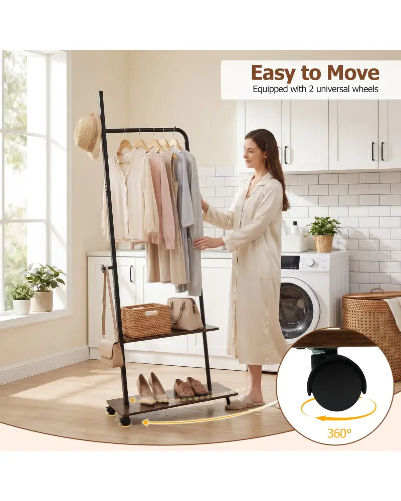 Freestanding Clothing Rack with Wheels and Storage Shelves for Entryway and Bedroom-Rustic Brown - Rustic Brown