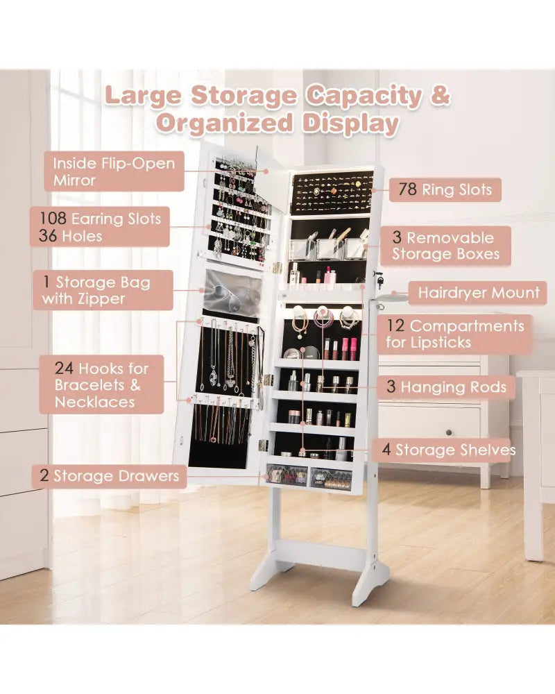 Freestanding Jewelry Cabinet with Full Length Mirror and LED Lights-White - White - Jewelry Armoires