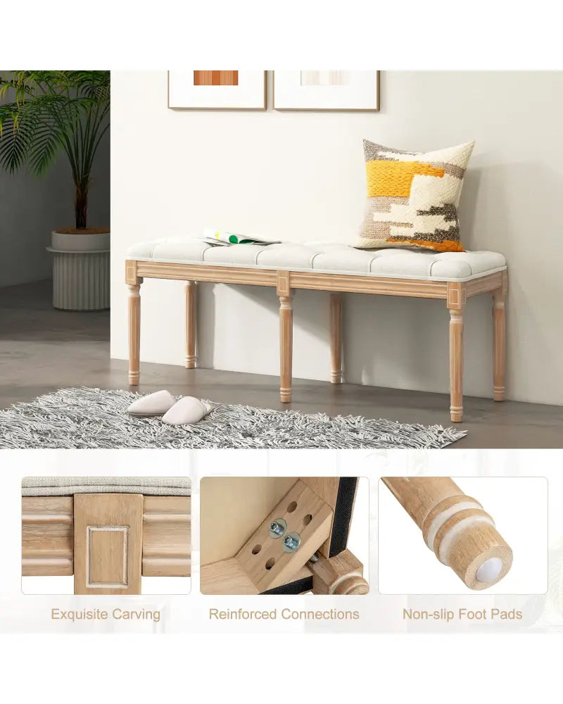 French Vintage Entryway Bench 47 Inch Upholstered Dining Bench-Beige - Beige - Ottomans