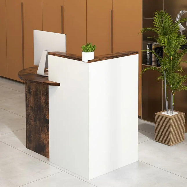 Front Reception Office Desk with Open Shelf and Lockable Drawer-Brown & White - Brown & White - Corner Desks