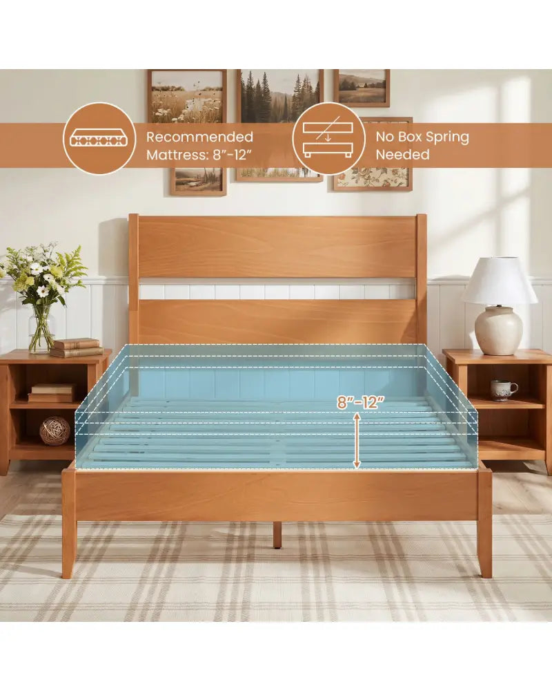 Full Bed Frame with Headboad and Solid Wood Legs 12 Slats-Warm Brown - Brown - Beds & Bed Frames