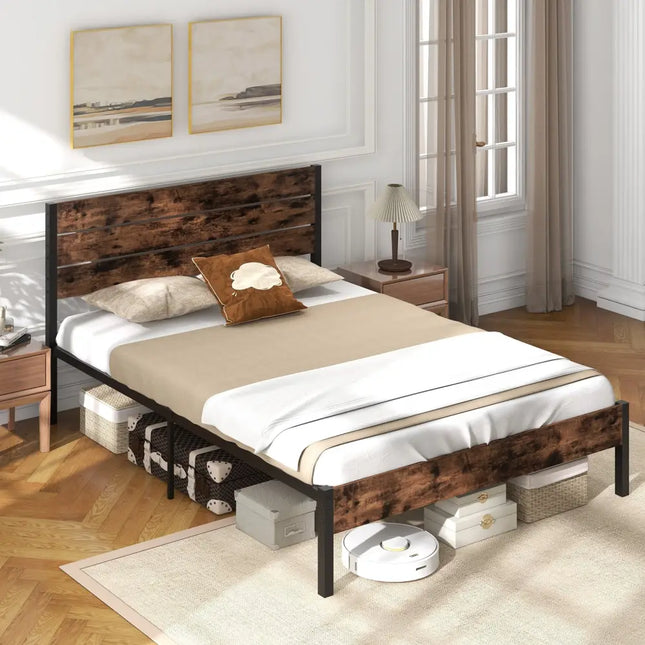Full/King/Queen/Twin Size Bed Frame with High Headboard and Mute Bar-Queen Size - Rustic Brown - Simple Bed Frame