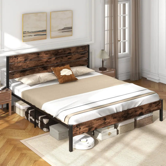 Full/King/Queen/Twin Size Bed Frame with High Headboard and Mute Bar-King Size - Rustic Brown - Simple Bed Frame