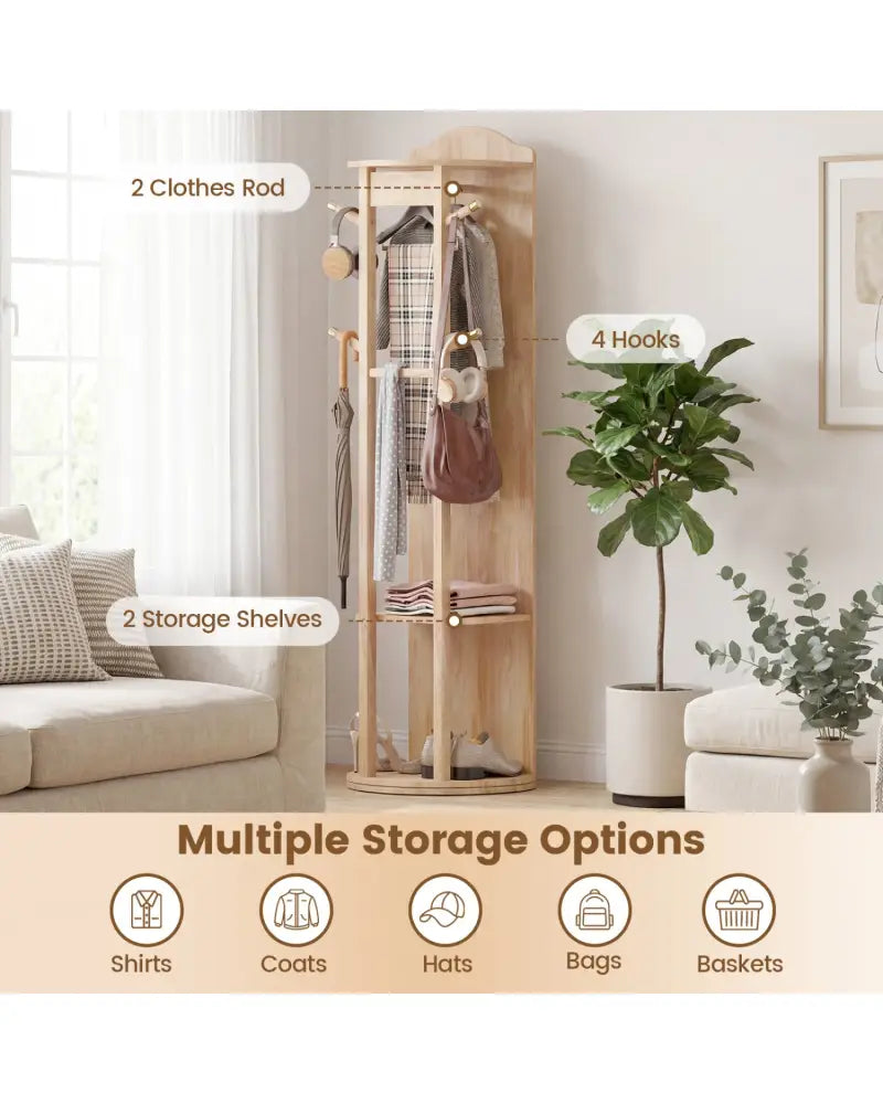 Full Length Mirror Coat Rack with Storage Shelves and Hooks-Natural - Natural - Coat Racks & Hall Trees