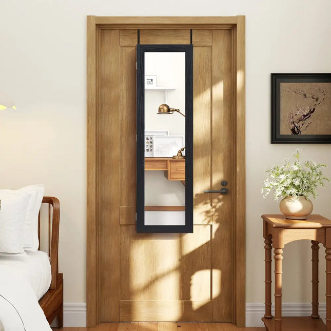 Full Length Mirror Jewelry Cabinet with Ring Slots and Necklace Hooks-Black - Black - Jewelry Armoires